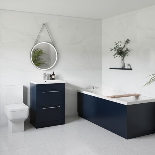 Denton 1700mm Slim Edge Straight Single Ended Bathroom Suite including Deep Blue Vanity Unit with Polished Chrome Handles - Wholesale Domestic