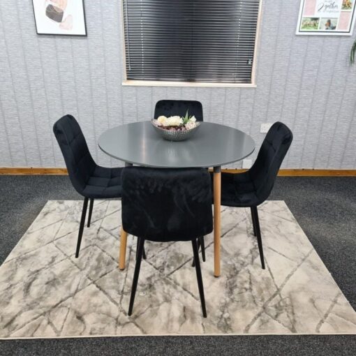 Dining Table and 4 Chairs Grey Round Wood Table 4 Black Velvet Chairs Dining Room Furniture