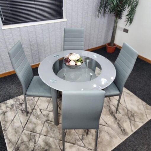 Dining Table and 4 Chairs Round Glass Grey 4 Grey Leather Chairs Dining Room Furniture