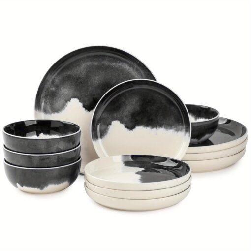 Dinnerware Grey Drip Stoneware, 12 Piece Set