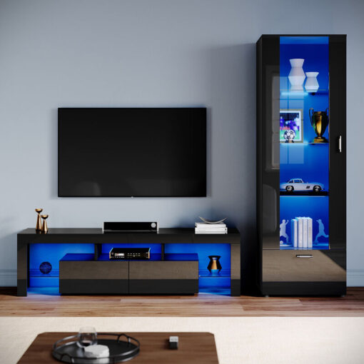 ELEGANT Living Room Set Modern High Gloss Fronts with LED Light, 1600mm TV Stand, Display Cabinet with Glass Shelf Tall Storage Cabinet, Black