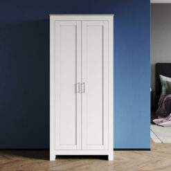 ELEGANT Modern Wardrobe 2 Door Double Wardrobe with Stainless Steel Handles and Aluminium Hanging Rail White/Oak Wardrobe