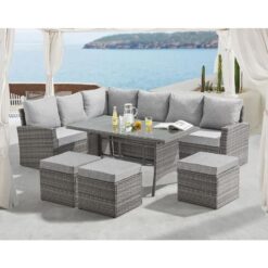 EVRE 9 Seat Marylin Corner Sofa & Dining Rattan Garden Furniture Set for Indoor Outdoor Patios Gardens Conservatories Grey