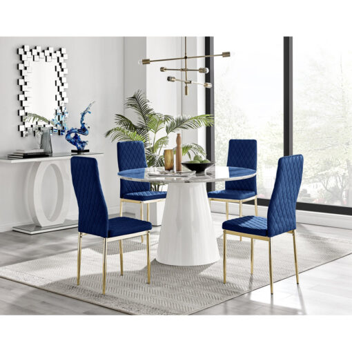 Edzard Statement Pedestal Round Dining Table Set & 4 Luxury Velvet Dining Chairs