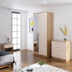 Elegant - 3 Piece Bedroom Furniture Sets, 2 Door Soft Hinge Mirrored Wardrobe with Mirror, 4 Drawer Chest of Drawers, Beside Cabinet, Cream/Oak