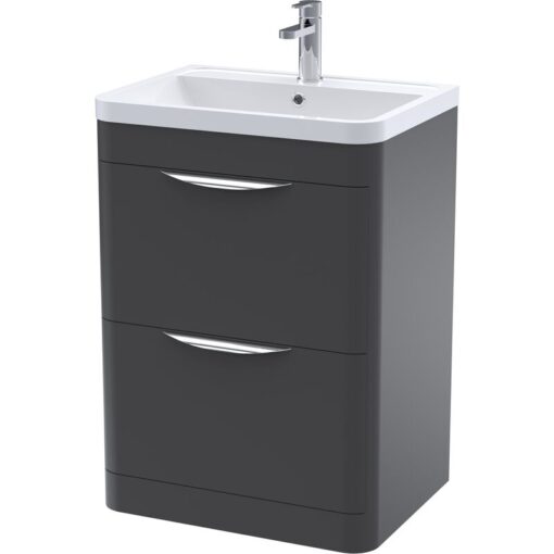 Floor Standing 2 Drawer Vanity Unit with Ceramic Basin - 600mm - Soft Black