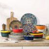 For 6 , Dinnerware Dish Set Artisanal Colourful Tableware