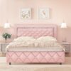 Full Size Bed Frame, Upholstered Bed Frame Full Size With Diamond Tufted Headboard, Faux Leather Headboard & Footboard, Wooden Slats Support, No Box