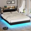 Full Size Bed Frame With Led Lights Upholstered Platform Bed With Charging Station & Headboard Storage Space, Weight Capacity 1100lbs, Black