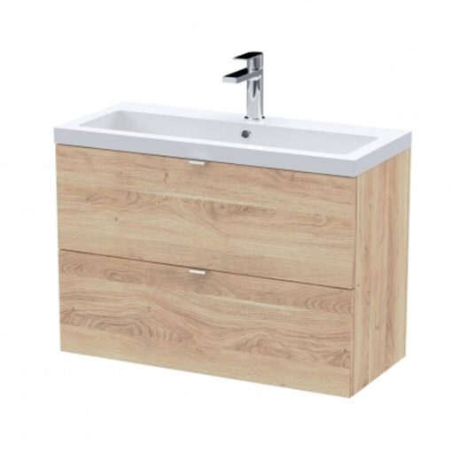 Fusion Wall Hung 2-Drawer Vanity Unit with Ceramic Basin 800mm Wide - Bleached Oak - Hudson Reed