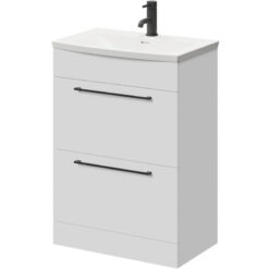 Gloss White 600mm Floor Standing Vanity Unit with 1 Tap Hole Curved Basin and 2 Drawers with Matt Black Handles - Napoli