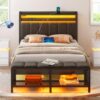 Greenstell // Bed Frame Charging & Led Lights, Upholstered Shelves, Duty Metal Slats, Needed,