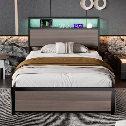 Grey Metal Single Bed With LED, 4 Drawers, And USB Ports (90cm)