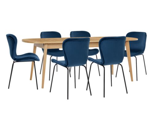 Habitat Etta Oak Wood Veneer Extending Table & 6 Navy Chairs