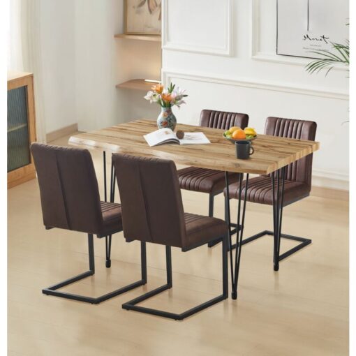 Hallowood Furniture Cullompton Large Dining Table and Chairs Set 4, Live Edge Effect Top Kitchen Table (120cm) and Brown Leather Effect Dining