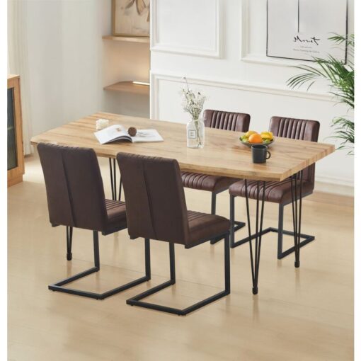 Hallowood Furniture Cullompton Large Dining Table and Chairs Set 4, Live Edge Effect Top Kitchen Table (160cm) and Brown Leather Effect Chairs,