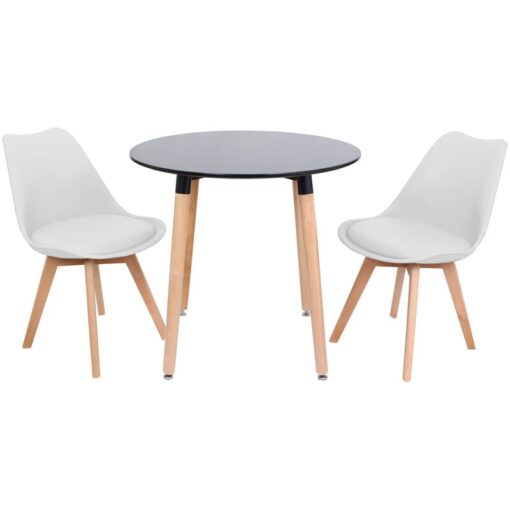 Halo Round Lorenzo Dining Set - a Black Wooden Dining Table and Set of 2 White Polypropylene Dining Chairs - Dining Room Kitchen