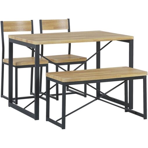 Industrial Dining Kitchen Set Table 2 Chairs Bench Light Wood with Black Flixton