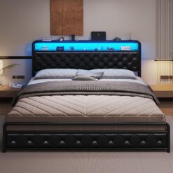 King Size Led Bed Frame With Storage Headboard, Faux Size Platform Bed Frame With Power Outlets & Usb Ports, Noise-free, Black