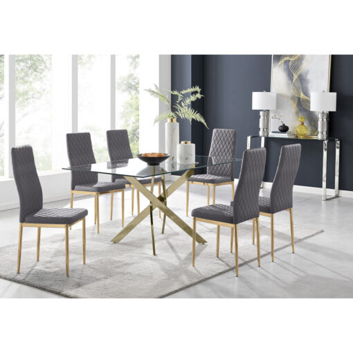 Lenworth Glass Rectangular Dining Table Set with 6 Quilted Velvet Dining Chairs