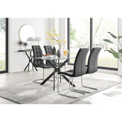 Lenworth Metal and Glass Rectangular Dining Table Set with 4 Upholstered Faux Leather Chairs