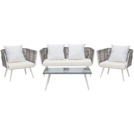 Modern 4 Piece Outdoor Conversation Set Off-White Wicker Cushions Ragusa