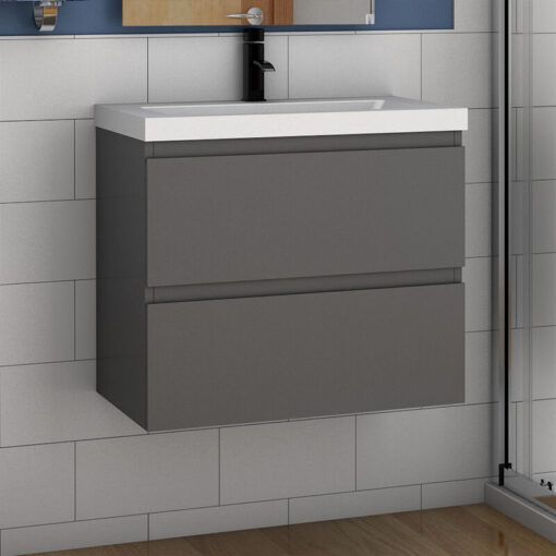 Modern Bathroom Wall Hung Vanity Unit with Sink 1 Tap Hole,2 Drawers Soft Closing Bathroom Furniture - 800mm Matte Grey Ceramic Basin