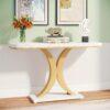 Modern Gold Console Table, 40 Inch Narrow Entryway Foyer Table With Geometric Base, Rustic Hallway Accent Table For Reception Room, Entrance, White