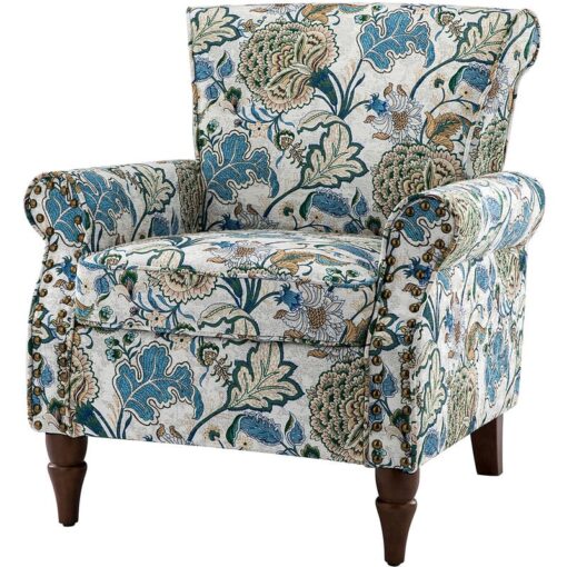 Modern Wingback Armchair Floral Pattern Single Sofa Chair with Wood Legs and Removable Cushion for Living Room Bedroom, Green