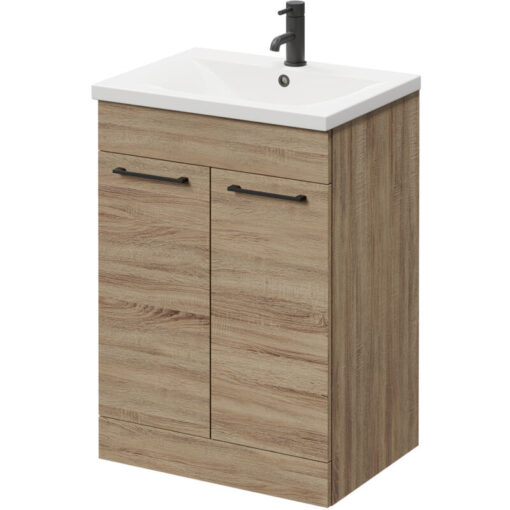 Napoli Bordalino Oak 600mm Floor Standing Vanity Unit with 1 Tap Hole Basin and 2 Doors with Matt Black Handles