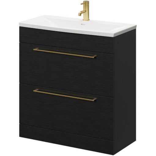 Napoli Nero Oak 800mm Floor Standing Vanity Unit with 1 Tap Hole Curved Basin and 2 Drawers with Brushed Brass Handles