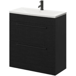 Napoli Nero Oak 800mm Floor Standing Vanity Unit with 1 Tap Hole Curved Basin and 2 Drawers with Matt Black Handles