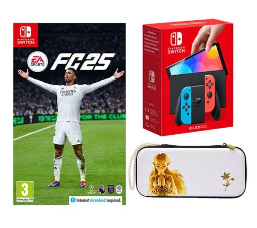 Nintendo Switch OLED (Neon Red & Blue), EA Sports FC 25 & Princess Zelda Slim Travel Pro Nintendo Switch Case Bundle, Red,Blue