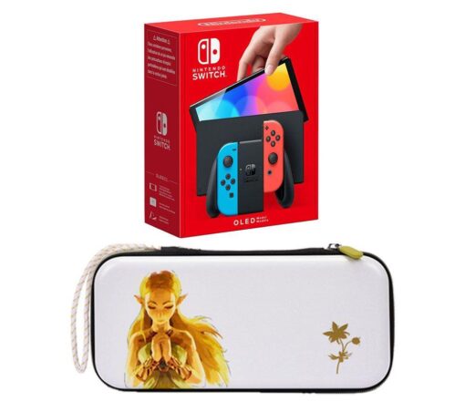 Nintendo Switch OLED (Neon Red & Blue) & Princess Zelda Slim Travel Pro Nintendo Switch Case Bundle, Red,Blue