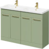 Olive Green 1200mm Floor Standing Vanity Unit with Polymarble Double Basin and 4 Doors with Brushed Brass Handles - Napoli