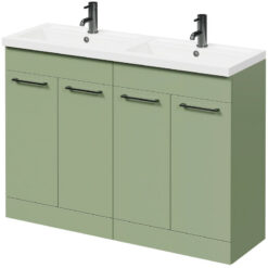 Olive Green 1200mm Floor Standing Vanity Unit with Polymarble Double Basin and 4 Doors with Gunmetal Grey Handles - Napoli