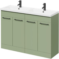 Olive Green 1200mm Floor Standing Vanity Unit with Polymarble Double Basin and 4 Doors with Matt Black Handles - Napoli