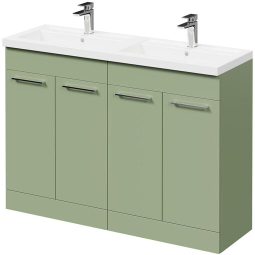 Olive Green 1200mm Floor Standing Vanity Unit with Polymarble Double Basin and 4 Doors with Polished Chrome Handles - Napoli