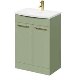 Olive Green 600mm Floor Standing Vanity Unit with 1 Tap Hole Curved Basin and 2 Doors with Brushed Brass Handles - Napoli