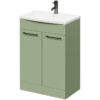 Olive Green 600mm Floor Standing Vanity Unit with 1 Tap Hole Curved Basin and 2 Doors with Gunmetal Grey Handles - Napoli