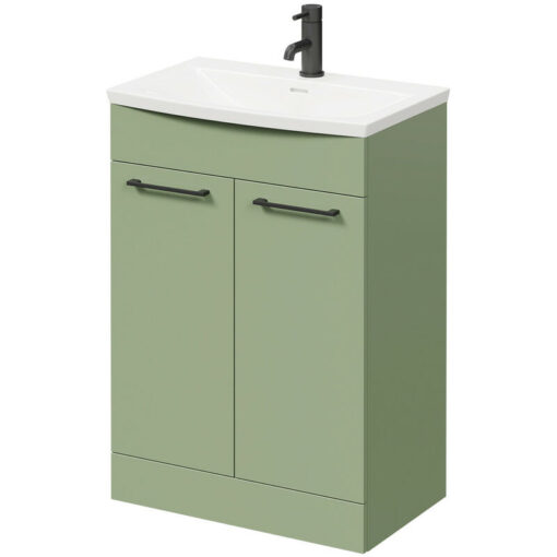 Olive Green 600mm Floor Standing Vanity Unit with 1 Tap Hole Curved Basin and 2 Doors with Matt Black Handles - Napoli