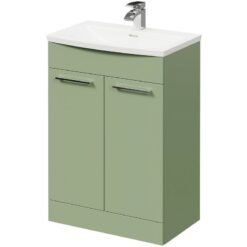 Olive Green 600mm Floor Standing Vanity Unit with 1 Tap Hole Curved Basin and 2 Doors with Polished Chrome Handles - Napoli