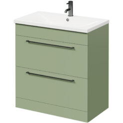 Olive Green 800mm Floor Standing Vanity Unit with 1 Tap Hole Basin and 2 Drawers with Gunmetal Grey Handles - Napoli