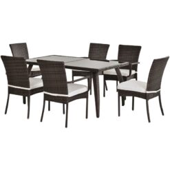 Outsunny 7PC Rattan Dining Set Patio Chair Glass Top Table Wicker Furniture Brown