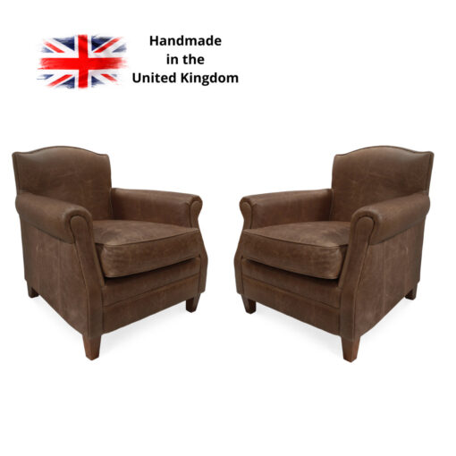 Pair Of Burlington Club Arm Chairs Presented In Genuine Vintage Brown Leather