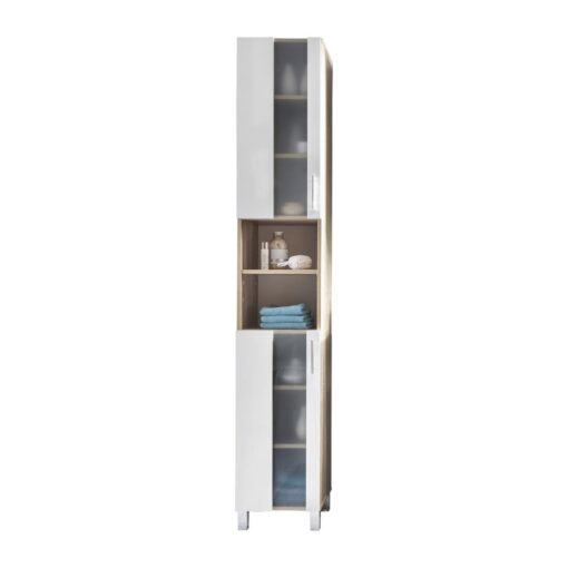 Porto tall bathroom cabinet with 2 doors and 2 open compartments in oak decor, white and satined glass.