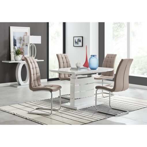 Renne Modern High Gloss Extendable Dining Table Set With 4 Modern Faux Leather Dining Chairs