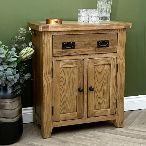 Rustic Oak 2 Door 1 Drawer Small Sideboard Buffet Fully Assembled Hall Console Telephone Table 70cm