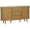 Scandinavian oval sideboard, 2 sliding doors, 4 compartments, 3 drawers, grooved wood effect, natural colour, W 150 x D 40 x H 79cm