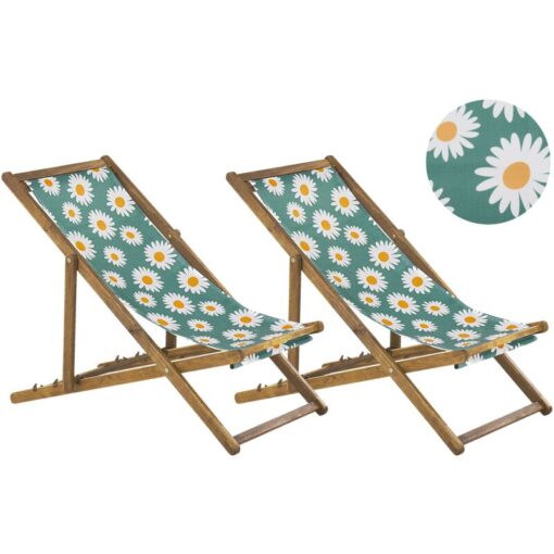 Set of 2 Folding Deck Chairs Sun Loungers Light Acacia / Chamomile Pattern Anzio